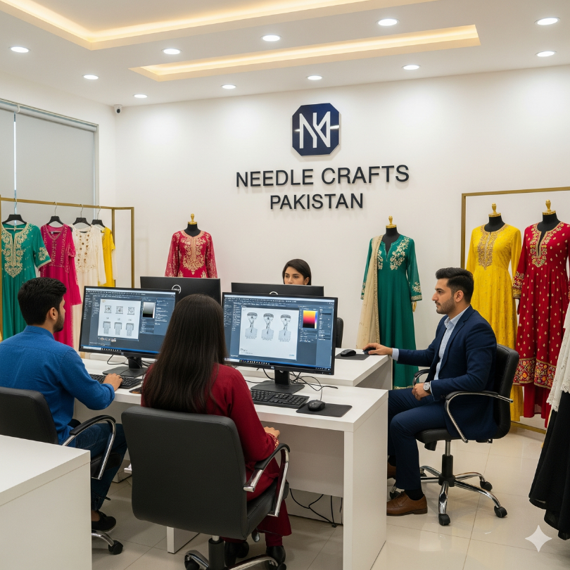 Design Studio of Needle Crafts Pakistan in Lahore, offering embroidery digitizing and fashion training.